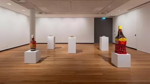 Several pedestals are placed in a gallery space. On each pedestal is a grocery item.