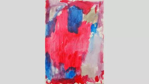 Abstract painting featuring pink and blue paint. Much of the painting is bright pink, with blue patches in the top middle, middle left, and bottom left. There are indistinct pencilled circles and words underneath the paint.