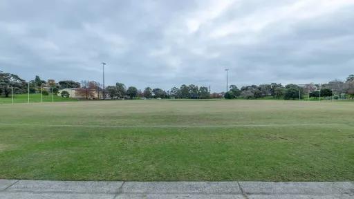 A grass sportsfield surrounded by trees. AFL goal posts can be seen on either end