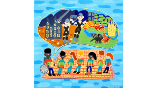 An orange picnic rug on a blue background. 6 people sit in front of a person in  a wheel chair who is reading a book. a speech bubble comes from the book showing two warriors with swards coming out of a castle looking angry, while 3 people ride dragons near a lake.