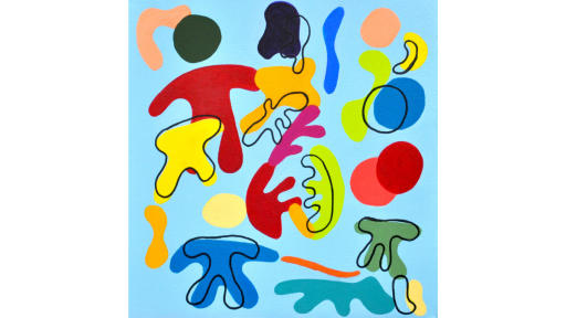 A blue background covered in circles and abstract shapes of assorted colours. some shapes look like bodies with arms and legs and circles for heads