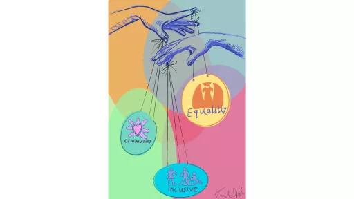 Hands coming from either side of the image with strings tied to some of the fingers. from the strings hang 3 pendants with the words 'equality', 'community' and 'inclusive' on them.