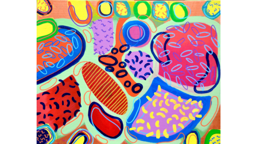 Abstract shapes and patterns reminiscent of food and fruit.