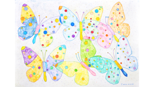 6 colourful butterflies with spots on their wings. The wings change colour where they overlap with other butterflies.