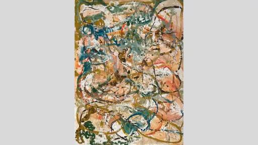 Abstract painting featuring peach, teal, blue, bronze, and white paint. The background colour is mostly a peach colour, with spirited, circular strokes of colour swirling around the canvas.