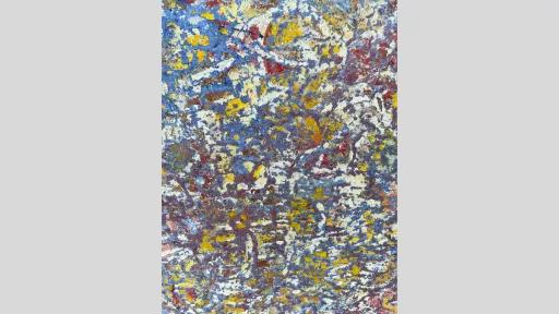Abstract painting featuring primarily mid blue, yellow, red and white paint. The colours are mottled, with the white paint faintly creating abstract shapes.