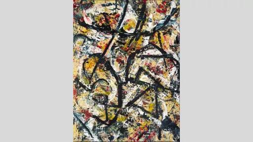 Abstract painting featuring primarily yellow, dark blue, teal and black paint. The colours are mottled, with the black paint at the forefront creating triangles and other abstract or geometric shapes.