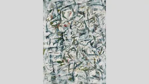 Abstract painting featuring white, green, and dark blue paint. The majority of the painting is white brushes of paint, with thin streaks of green and dark blue strokes at the forefront.