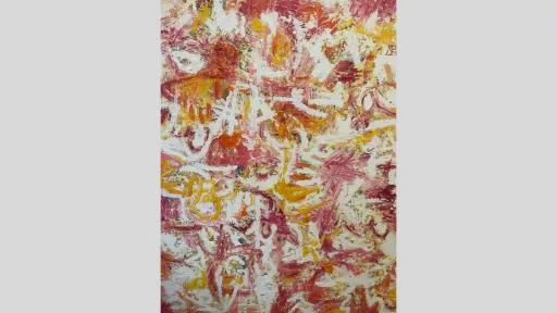Abstract painting featuring pink, yellow, orange, and white paint. The colours are mottled, and the brush strokes are swirling and abstract.