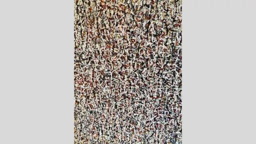 Abstract painting featuring rust, dark blue, yellow, and white paint. The strokes are very thin and scattered, creating a dense, crackling effect.