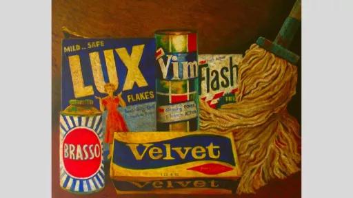 A painting of the contents of a laundry cupboard from approx 1960s.