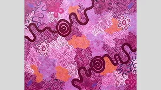 Dot painting featuring various shades of purple, pink, and blue. Some floral shapes are scattered throughout the painting, and two large squiggles with circles in the centre diagonally cross the top left and bottom right corners.