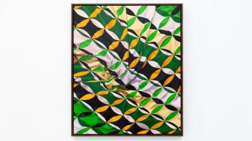 A painting featuring close folds of a piece of patterned fabric. The pattern features bold intersecting circles, each intersection changing colours between varying shades of green, yellow and white.