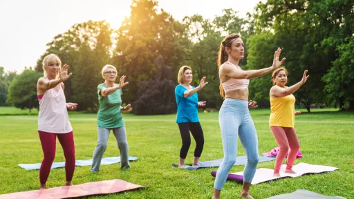 Five individuals are practicing tai chi in a serene park setting. Each is on a yoga mat, all clad in athletic attire. The sun is shining, casting a warm glow, with trees in the backdrop.