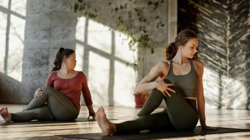 Two females in exercise outfits are sitting on yoga mats doing the same stretching exercise. In the background there are sun shadows on the wall.