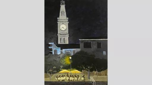 Painting of an old building at nighttime. the clocktower is illuminated.