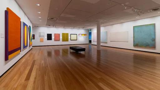 Installation view of abstract paintings hanging in a gallery