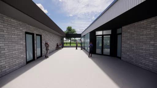 A render of Frog Hollow Reserve Pavilion, with people relaxing, chatting, and enjoying the modern open space.