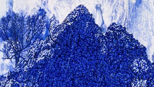 impage of blue and white watercolour painting feauturing trees, sky and rock formations