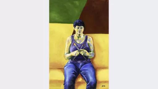A painting of a woman holding paint brushes like knitting needles, sitting on a yellow couch in front of green and brown abstract background.