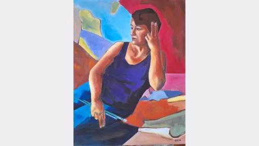 A colorful oil painting of a woman holding paintbrushes, set against an abstract background.