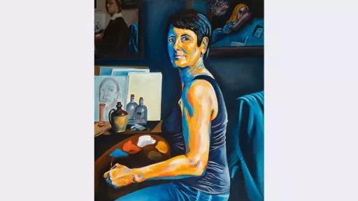 Painting of a woman sitting, holding a palette of paint colours, with paintings on the walls behind her.