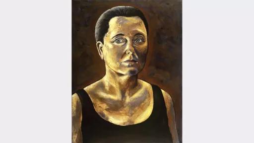 Highly contrasting painting of a woman with her hair smoothed back, wearing a black singlet on a brown background.