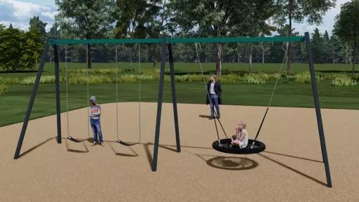 Two swings and a basket swing on a frame at a playground illustration