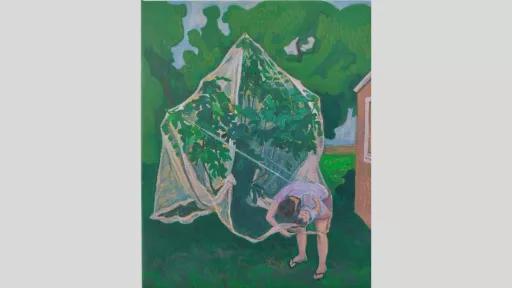 A painting of a person crouching beneath a large fruit tree covered in netting, seemingly tending to the plants. The background features a house with a red roof and trees.