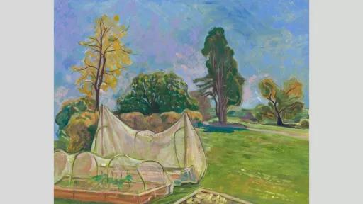 A landscape painting of a lush outdoor garden covered in white netting. The background features a blue sky, trees in various stages of growth, and vibrant green grass, painted in a dynamic, expressive style.