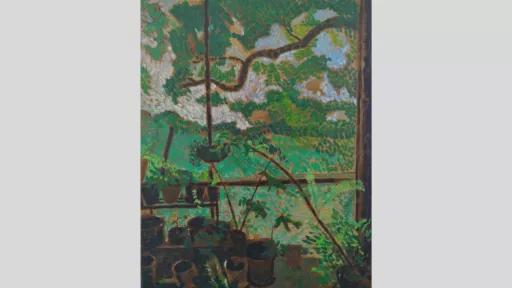 A painting depicting an indoor greenhouse or sunroom filled with potted plants. Sunlight filters through a large window, showing an expansive view of trees and sky outside. 