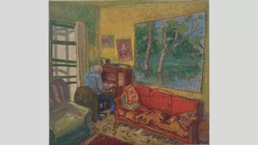 An impressionistic painting of an elderly person playing the piano in a warmly lit living room. The scene features a red couch with patterned cushions, framed artwork on the yellow-toned walls, and a large window revealing a lush green landscape outside.