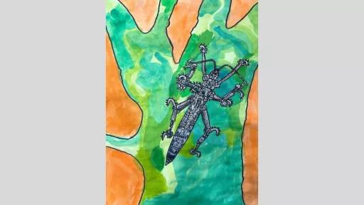 An ink and watercolor painting of an intricately detailed mechanical insect resting on a stylized hand-like leaf. The insect is drawn made up of drawn mechanical elements, with bold greens and oranges in the background.