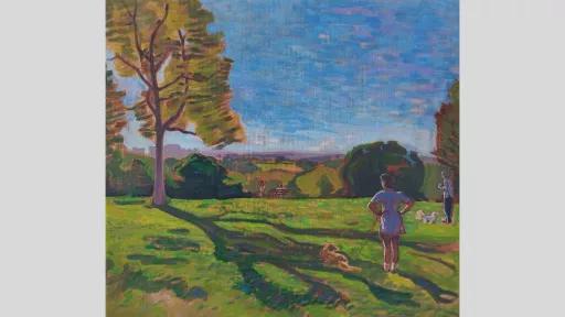 A landscape painting of a lush park. Two figures stand a fair distance apart one with a sandy coloured dog lying in the shadow of a big tree and the other with a white dog. The background features a blue sky, trees in various stages of growth, and vibrant green grass, and a park bench with people sitting in the distance. 