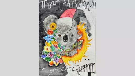 A mixed-media artwork of a koala wearing a Santa hat, split into two contrasting sides: one with colourful flowers and one in grayscale with flames engulfing part of the image. The background features a city skyline and the Sydney Harbour Bridge.