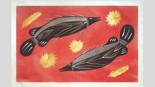 A painting of two black fish silhouettes with intricate patterns of white, yellow, and red lines painted on their skin. The fish are positioned diagonally across a red textured background. Five yellow leaf and feather-like shapes are scattered across the composition.