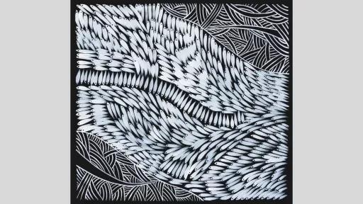 A painting of a school of white, elongated fish with black eyes swimming in a swirling formation on a black background. Leaf-like patterns appear in the surrounding negative space.