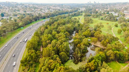 Arial view of Koonung reserve with the Eastern freeway to the left.