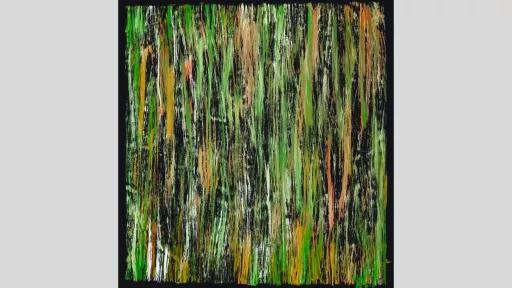 Alt text: An abstract painting featuring vertical greem, yellow and orange painted lines on a black background.