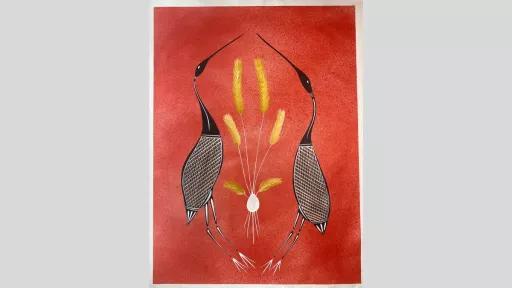 A painting of two black birds with long necks and legs stand facing each other on a red background. Their bodies are patterned with white cross-hatching. Between them is a cluster of yellow feather-like shapes and a small white shape resembling a bulb or seed.