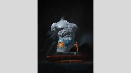 A painting of classical marble torso sculpture with a rough, broken edge is adorned with modern graffiti-style artwork, featuring a cartoonish sun and blue lettering appearing like shorts on the sculpture. A tiny figure in an orange jumpsuit, resembling a worker or restorer, stands on a pedestal, appearing to paint or clean the graffiti. The scene is set against a dark background, with the statue sitting on two large, leather-bound books in the foreground.