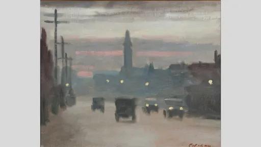 A painting of a busy urban road at dusk with streetlamps, classic cars, and buildings in the background.