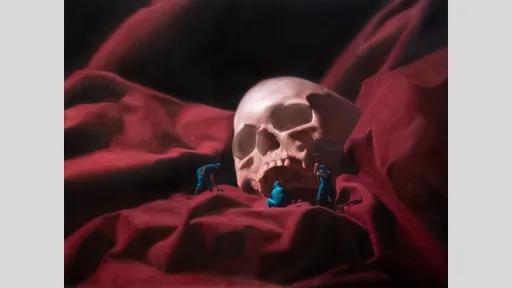 A painting of a human skull resting on folds of deep red fabric, reminiscent of a Renaissance still life. Four miniature figures in blue excavation uniforms appear to be working around the skull—one digging, one kneeling, and another swinging a pickaxe.