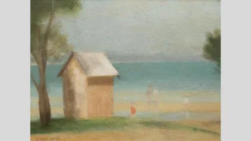 A painting of a coastal scene with a single bathing box near the shoreline.