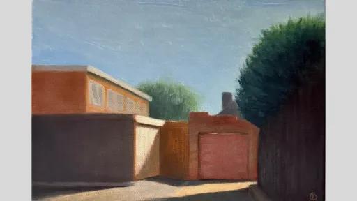 An oil painting of a suburban laneway. The composition includes a red garage door, brick fences, and residential buildings. Sunlight casts strong shadows across the ground, and trees are visible in the background beneath a clear blue sky.