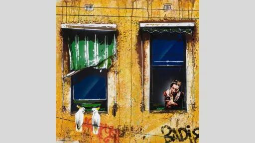 A painted image of a yellow, weathered building with two windows. The left window has a damaged green awning; the right shows a woman looking out while holding a phone. Two white cockatoos sit on a wire below the windows. The facade includes graffiti markings.