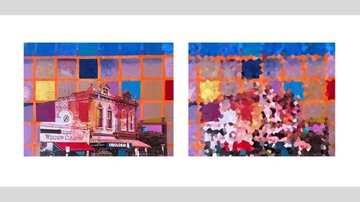 A digitally altered image showing a red brick building with arched windows and shopfronts. The building is overlaid with a vivid grid of orange lines, with multicoloured painted squares in the background. Next to it is a pixelated version of the same image, where the scene is abstracted into faceted, mosaic-like shapes and colours.
