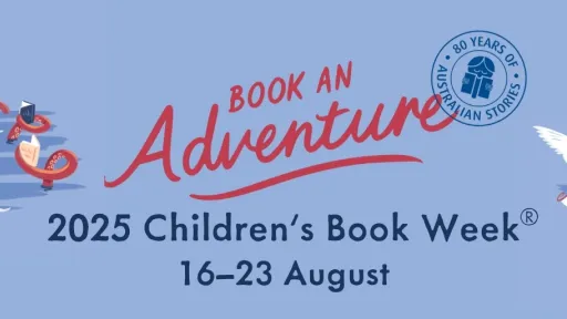 Book Week logo set on blue background with an image of an octopus reading and two seagulls flying. 