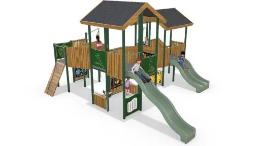 Artist impression of a play unit with slides, platforms, ladders