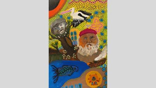 A painting featuring a pelican, two human faces: one in a tree, one with a red hat, a fish in blue water, and a circular campfire scene at the bottom. These elements are on a bright yellow, dotted background with green and blue dots